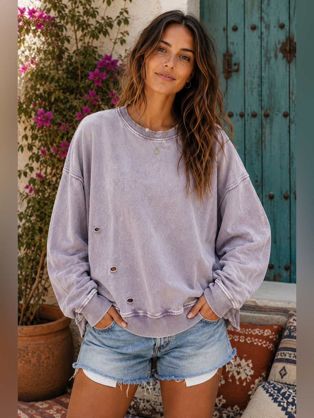 🌙 Free People Falling Forward Distressed Acid Wash Oversized Sweatshirt L NWOT
